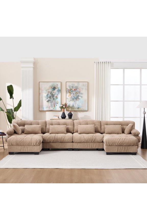 U Shaped Couch Modular Sectional Sofa, Modern Deep Seat Cloud Couch, Oversized Modular Couches for Living Room, Comfy advanced flannelette Sofa Bed with Round Armrests 6 Pillows No.9854