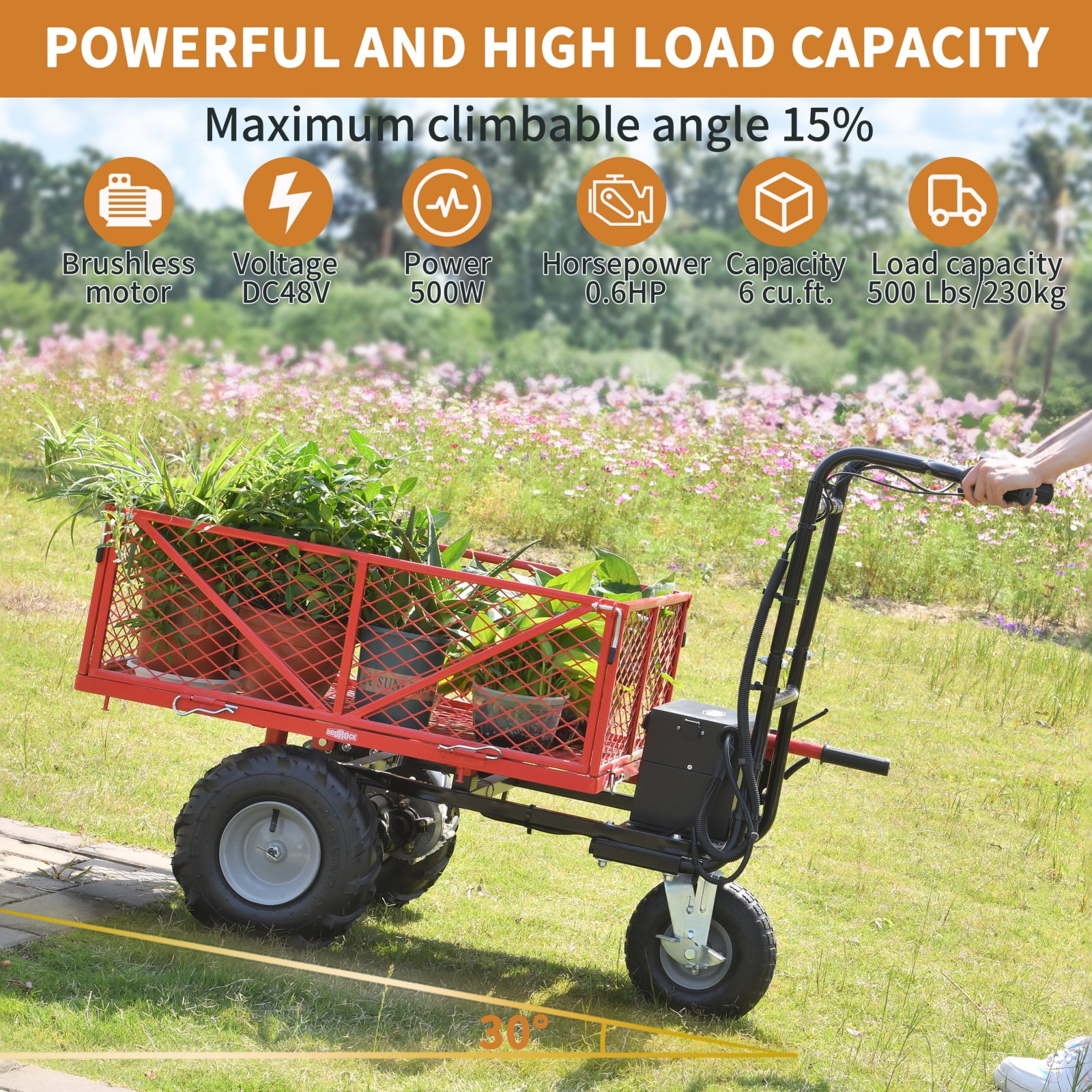 Miekor Wheelbarrow Utility Cart Electric Powered Cart 48V28Ah 500W Capacity 500lbs (230kg) Material Hauler 1000lbs Towing 13RDF