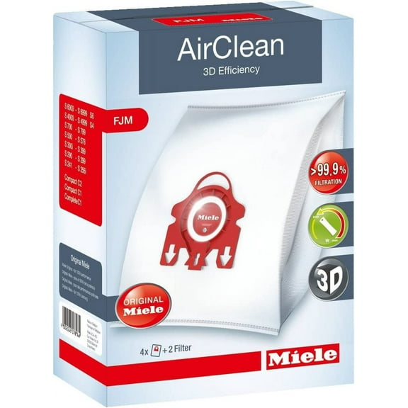 Miele AirClean 3D Efficiency Dust Bag, Type FJM, 4 Bags & 2 Filters, White