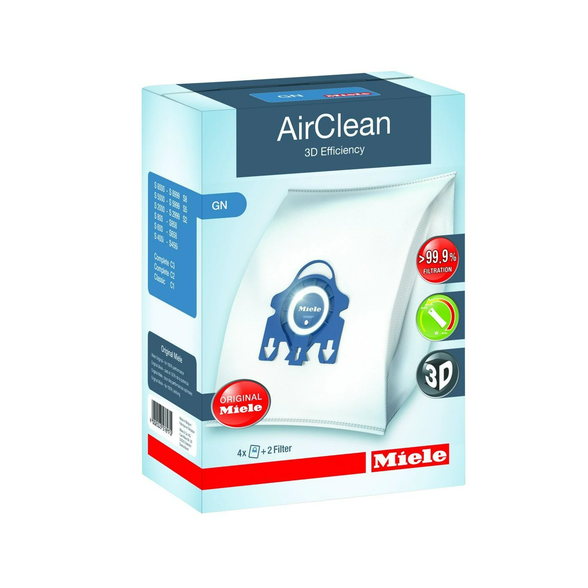 Miele GN AirClean 3D Efficiency Dust Bags for Miele Vacuum, 2-Boxes of 4  Bags & 2 Filters