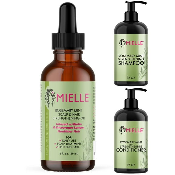 Mielle Organics Rosemary Mint Shampoo and Conditioner with strengething hair oil