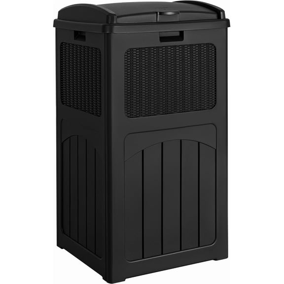 Miemie 33 Gallon Outdoor Trash Can with Dual Lid, Heavy Duty Waterproof Resin Garbage Bins Outside, Hideaway Waste Bins for Patio, Outside Pool, Backyard and Deck (1, Black)