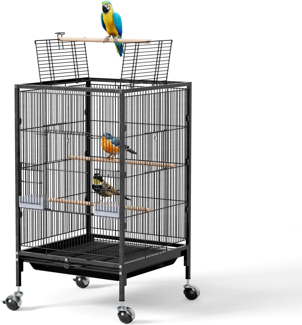 Miemie 38-inch Bird Cage with Wheels, Durable Wrought Iron Parakeet Cage with Slide Out Tray, Black Bird Cages for Parakeets/Cockatiels/Budgies and Other Small/Medium Birds (Medium-38 inch)