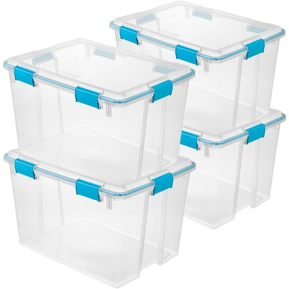 Miemie 4-Pack Gasket Box, Weather-Resistant Storage Bins with Latching Lids, 80 Quart - Heavy-Duty Organizing Containers for Closet, Bathroom, and Office