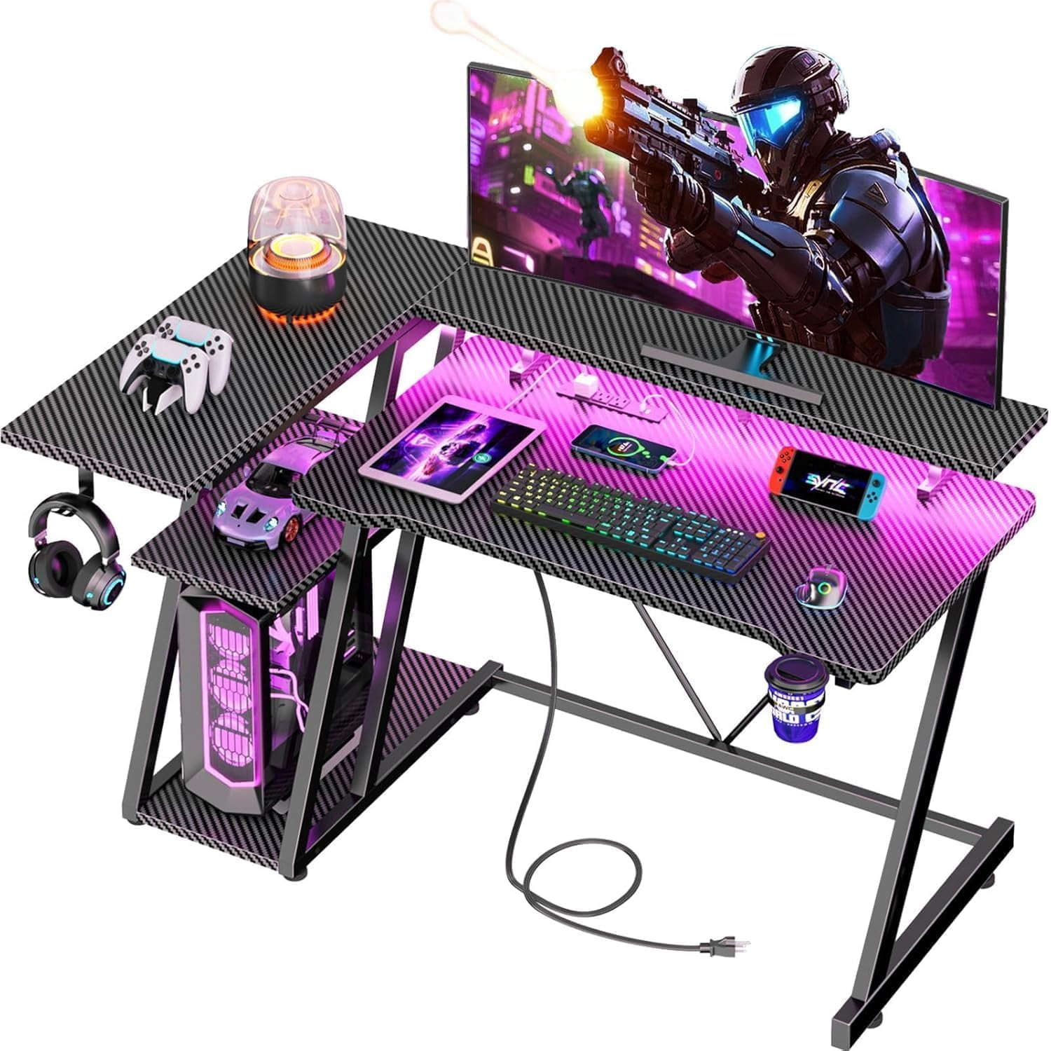 Miemie 40 Inch Gaming Desk with Power Outlet & LED Lights, L Shaped Computer Gaming Table with 3 Tiers Storage Shelves, Corner Gamer Desk with Monitor Stand for Small Space, Carbon Fiber Black