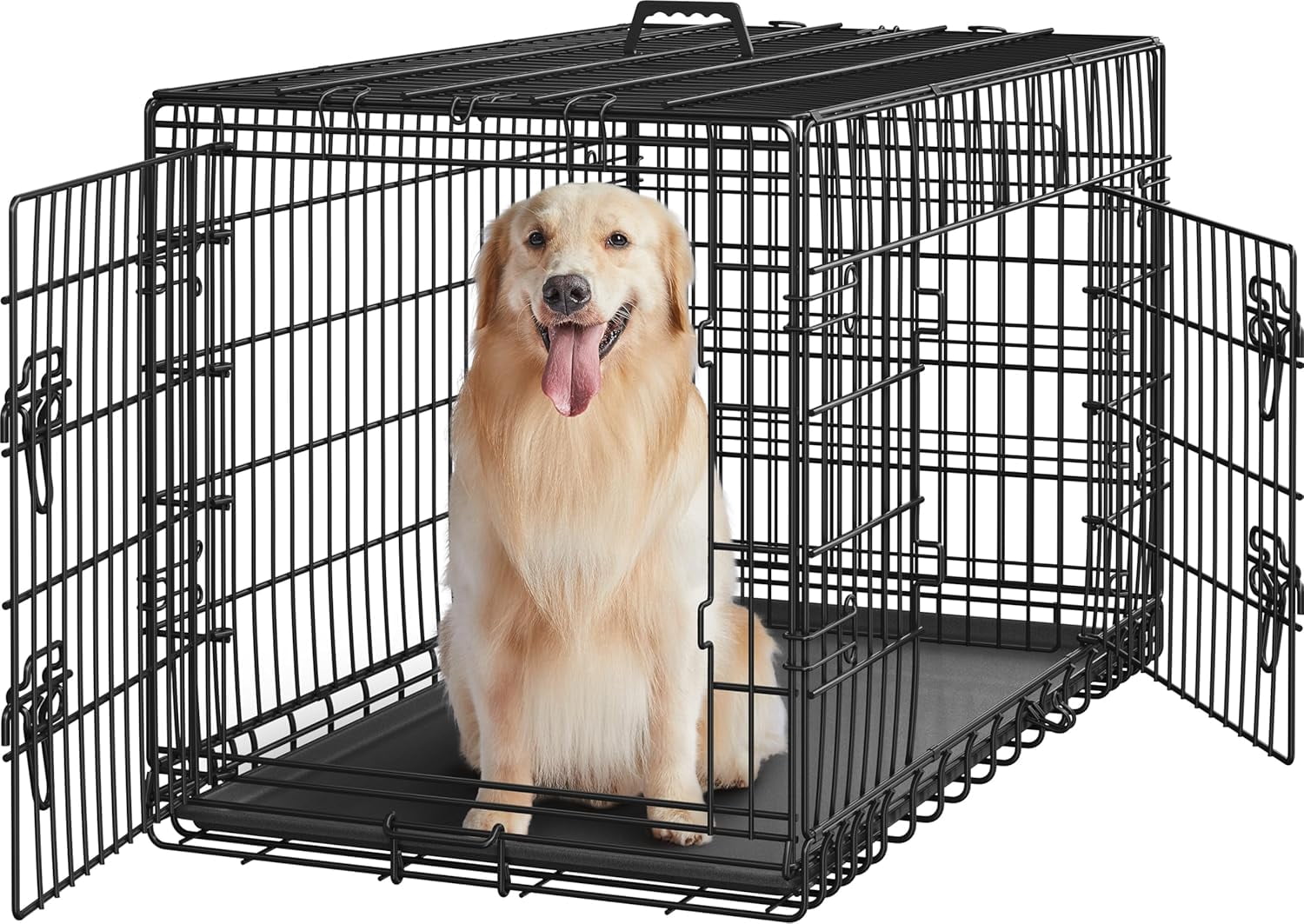 Miemie 42 inch Double Door Dog Crate w/Divider for Puppy to Adult XL Collapsible Metal Crate with Removable Tray Wire Dog Kennel for Large Dogs Portable Travel Cage, Black