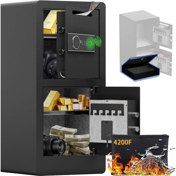 Miemie 7.0 CuFt Dual Layer Fireproof Safe with Drop Slot,Safe Box with Biometric Fingerprint Lock,Fireproof Waterproof Bag,Safes with Adjustable Shelf Hidden Inner Lock Box Drop Safe for Business
