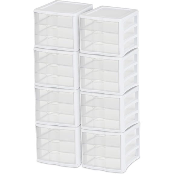 Miemie ClearView Compact Stacking 3 Drawer Storage Organizer System, (8 Pack)