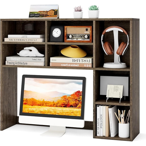 Miemie Desktop Bookshelf, 37" Countertop Storage Hutch with 7 Cubes & 3 Adjustable Shelves, 3-Tier Desk Display Rack Organizer, Multipurpose Wood Desktop Hutch for Dorm Home Office (Grey)