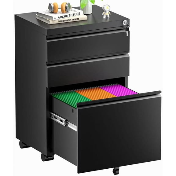 Miemie File Cabinet 3 Drawer, Metal Rolling Vertical Filing Cabinet with Wheels, Small Under Desk File Cabinets for Home Office (Black)