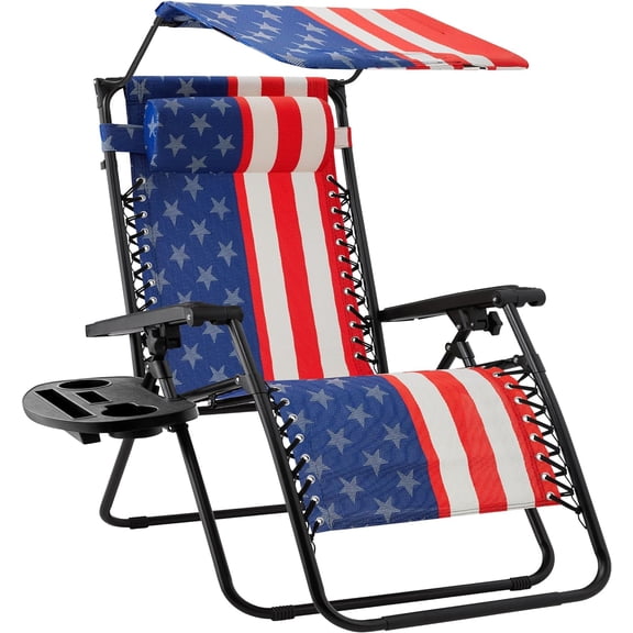Miemie Folding Zero Gravity Outdoor Recliner Patio Lounge Chair w/Adjustable Canopy Shade, Headrest, Side Accessory Tray, Textilene Mesh - American Flag