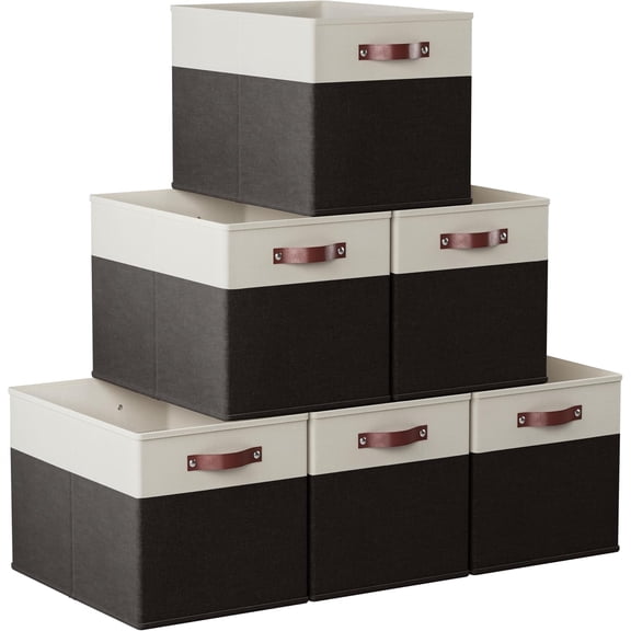 Miemie Home 13 x 15 x 13 Kallax Storage Cube Bins, Foldable Collapsible Fabric Storage Bins Box Linen Shelf Basket Cube Organizer for Closet with Leather Handles, 6 Pack, White/Black