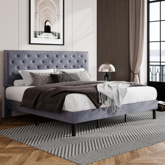 Miemie King Size Velvet Upholstered Platform Bed Frame with Adjustable Diamond Button Tufted and Nailhead Trim Headboard, Wood Slat Support, Easy Assembly, No Box Spring Needed, Light Grey
