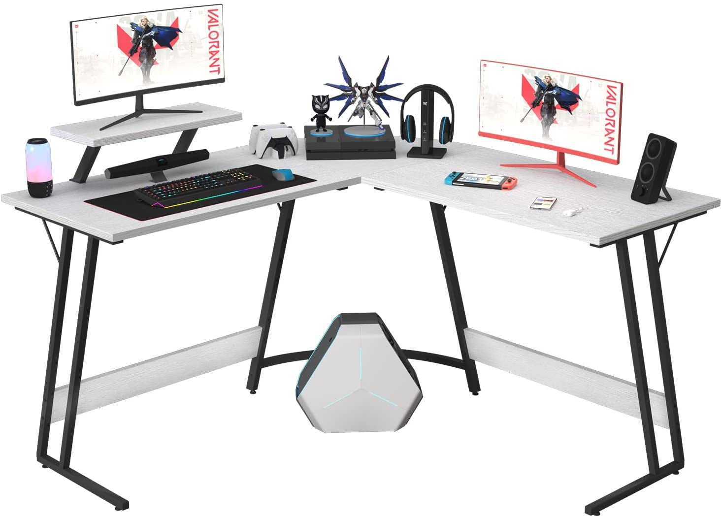 Miemie L Shaped Gaming Desk Computer Corner Desk PC Gaming Desk Table with Large Monitor Riser Stand for Home Office Sturdy Writing Workstation (Classical White, 51 Inch)