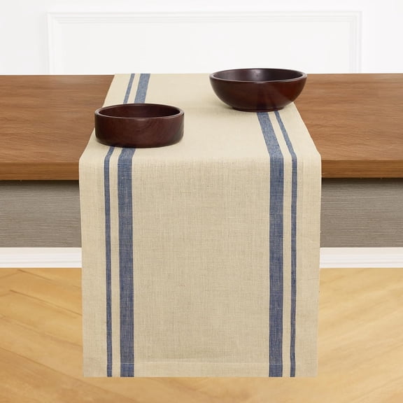 Miemie Linen Table Runner 108 Inches Long - 100% Pure Linen Navy and Natural French Stripe Table Runner 14 x 108 Inch for Dining