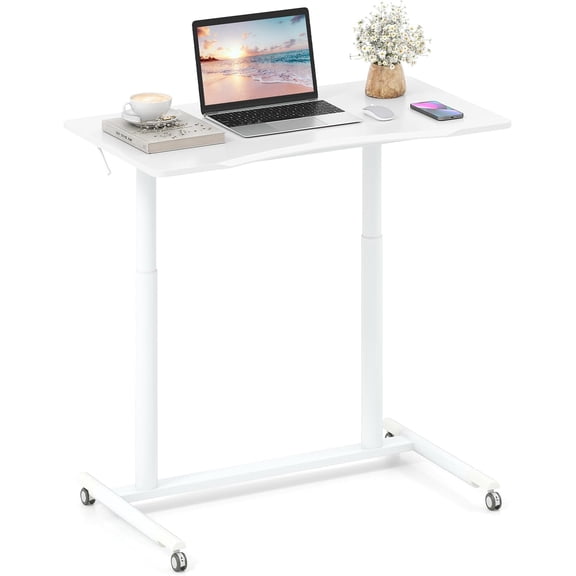 Miemie Mobile Standing Desk, C-Shaped Sit Stand Desk with Adjustable Height, Lockable Wheels & Metal Frame, Rolling Laptop Desk, Portable Computer Workstation for Small Space