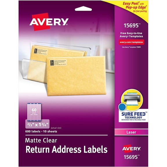Miemie Printable Return Address Labels, Sure Feed Technology, 2/3" x 1-3/4", Matte Clear, 600 Blank Mailing Labels (15695)
