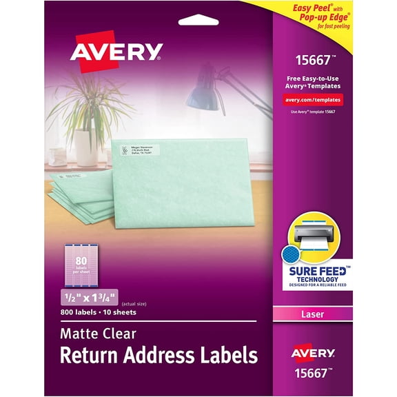 Miemie Printable Return Address Labels with Sure Feed, 0.5" x 1.75", Matte Clear, 800 Blank Mailing Labels (15667)