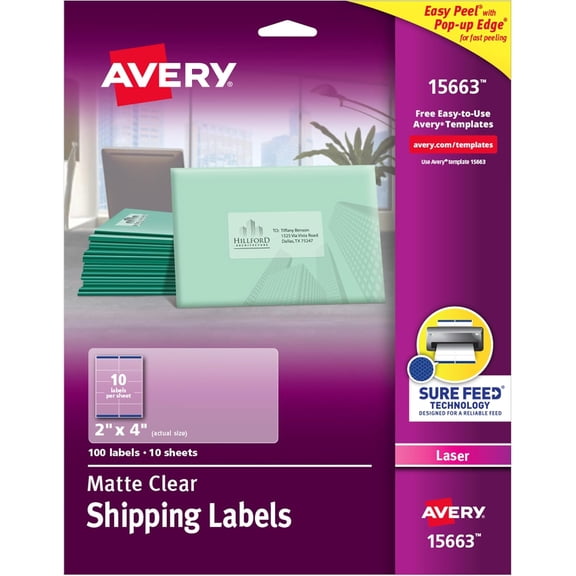 Miemie Printable Shipping Labels with Sure Feed, 2" x 4", Matte Clear, 100 Blank Mailing Labels (15663)