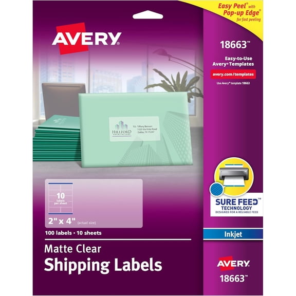 Miemie Printable Shipping Labels with Sure Feed, 2" x 4", Matte Clear, 100 Blank Mailing Labels (18663)