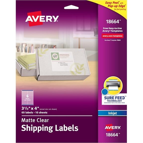 Miemie Printable Shipping Labels with Sure Feed, 3-1/3" x 4", Matte Clear, 60 Blank Mailing Labels (18664)
