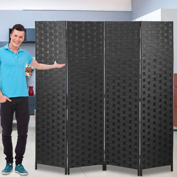 Miemie Room Dividers and Folding Privacy Screens 4 Panel 6 ft Foldable Portable Room Seperating Divider, Handwork Wood Mesh Woven Design Wall, Freestanding, Black