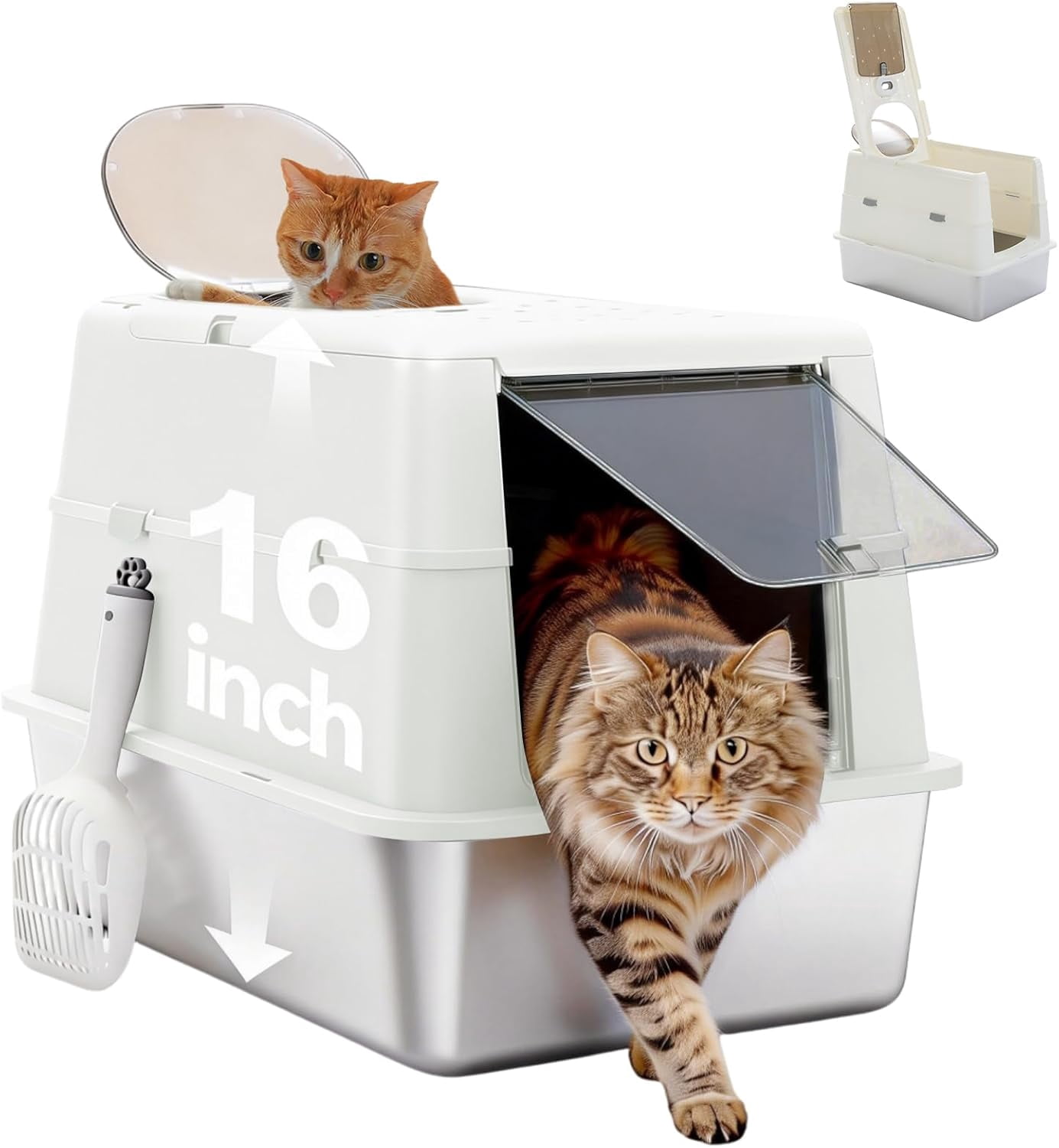 Miemie Stainless Steel Cat Litter Box, XL Extra Large Enclosed Litter Box with Non-Sticky Metal Pan, 16" High Sides& Anti-Leakage with Scoop, Front & Top Dual Entry for Big Cats, White