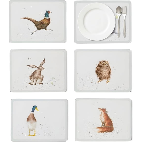 Miemie Wrendale Designs Assorted Animal Motif Placemats, Set of 6 - Cork Backed Table Mats with 5mm Thick Board, Heat Resistant to 212F, Stain Resistant Dining Tableware for Kitchen/Dining Room