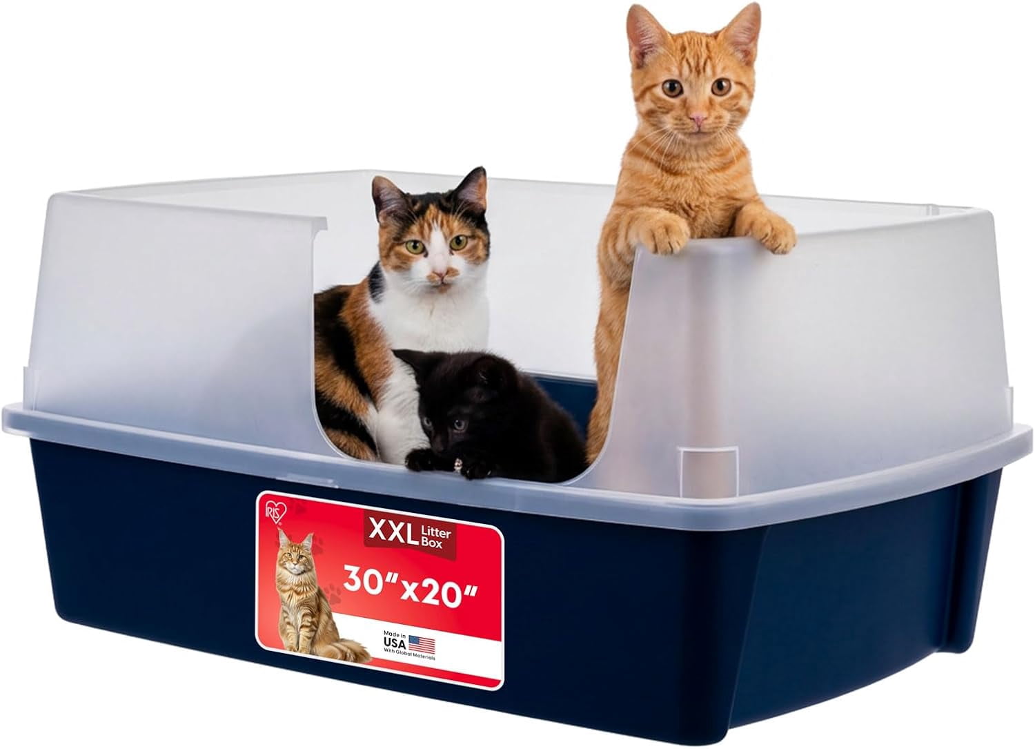 Miemie XX-Large Side Entry Cat Litter Box, Open Top Extra Large Litter Box for Big Cats and Multi-Cat Households, High Sided Scatter Shield, Easy to Clean, 30" L x 20" W x 14" H, Navy