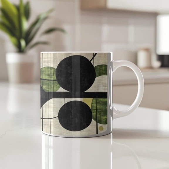Mientury Modern Coffee Mug, Green and Black Geometric Design.