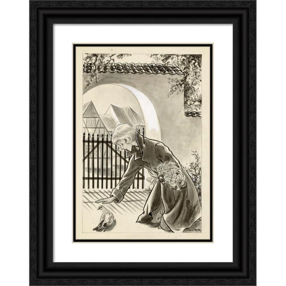 Miep de Feijter 18x24 Black Ornate Framed Double Matted Museum Art Print Titled: Kneeling Girl at a Pigeon (1953)