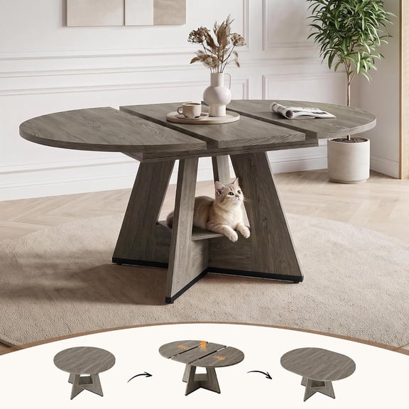 Miereirl 47.24"-63" Extendable Round Dining Table for 4-6, Expandable Round to Oval Kitchen Dining Table with Hidden Extension Leaf, Storage Shelf, Modern Wood Dining Room Table for Home & Apartment