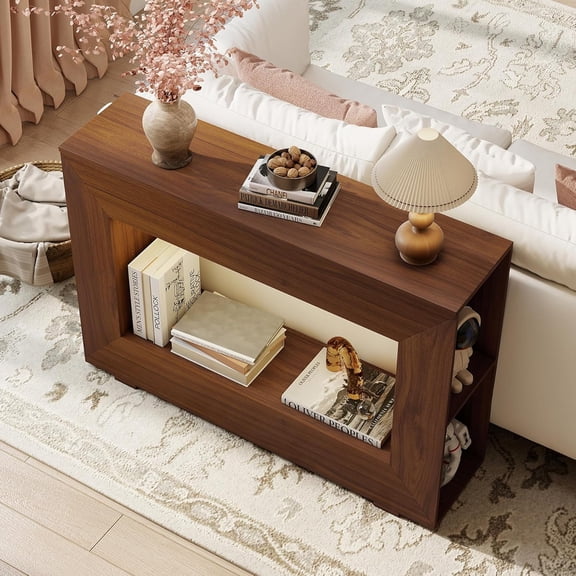 Miereirl 47" Entryway Table with Outlet & LED Light, Farmhouse Narrow Console Sofa Table with Side Storage Shelves,Wooden Rectangular Side Tables for Behind Couch, Living Room, Entrance, Brown