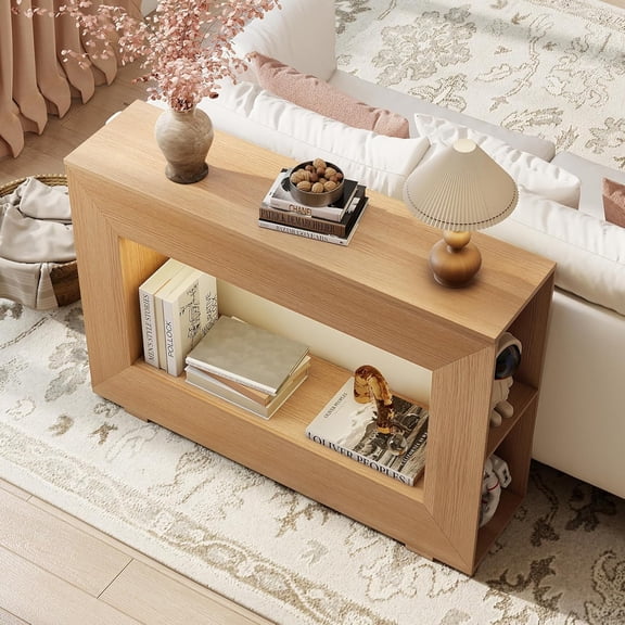 Miereirl 47" Entryway Table with Outlet & LED Light, Farmhouse Narrow Console Sofa Table with Side Storage Shelves,Wooden Rectangular Side Tables for Behind Couch, Living Room, Entrance, Natural Wood