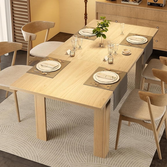 Miereirl 59"77" Extendable Farmhouse Dining Table for 68, Space-Saving Rectangular Kitchen Table with Easy Pull-Out Extension for Family Meals, Work & Everyday Use (Natural)