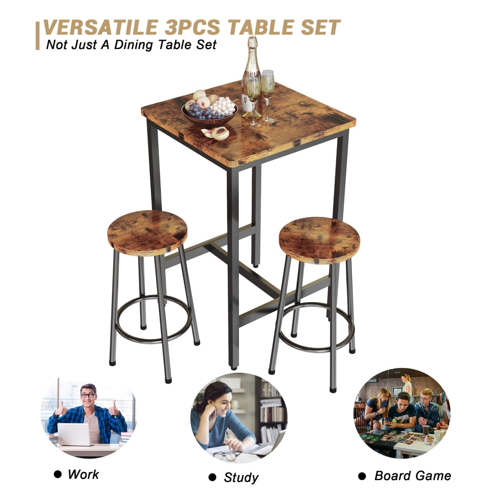 Mieres 3 Piece Dining Table Set, Modern Square Bar Table and 2 Round ...