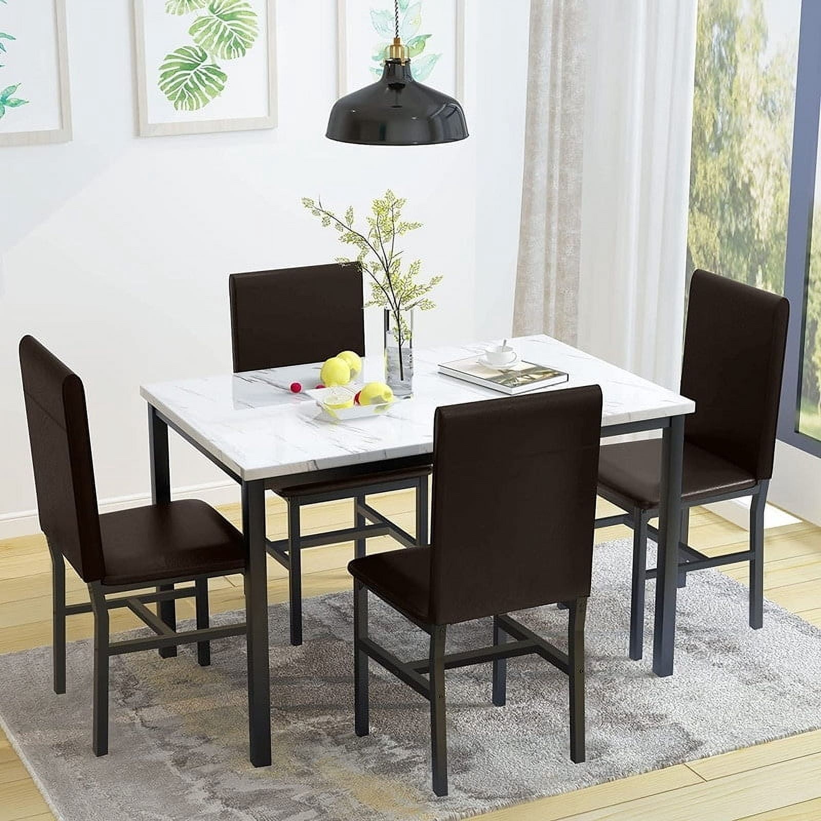 Modern Kitchen Dining Table Set for 4, Faux Marble Dining Set with 4 PU ...