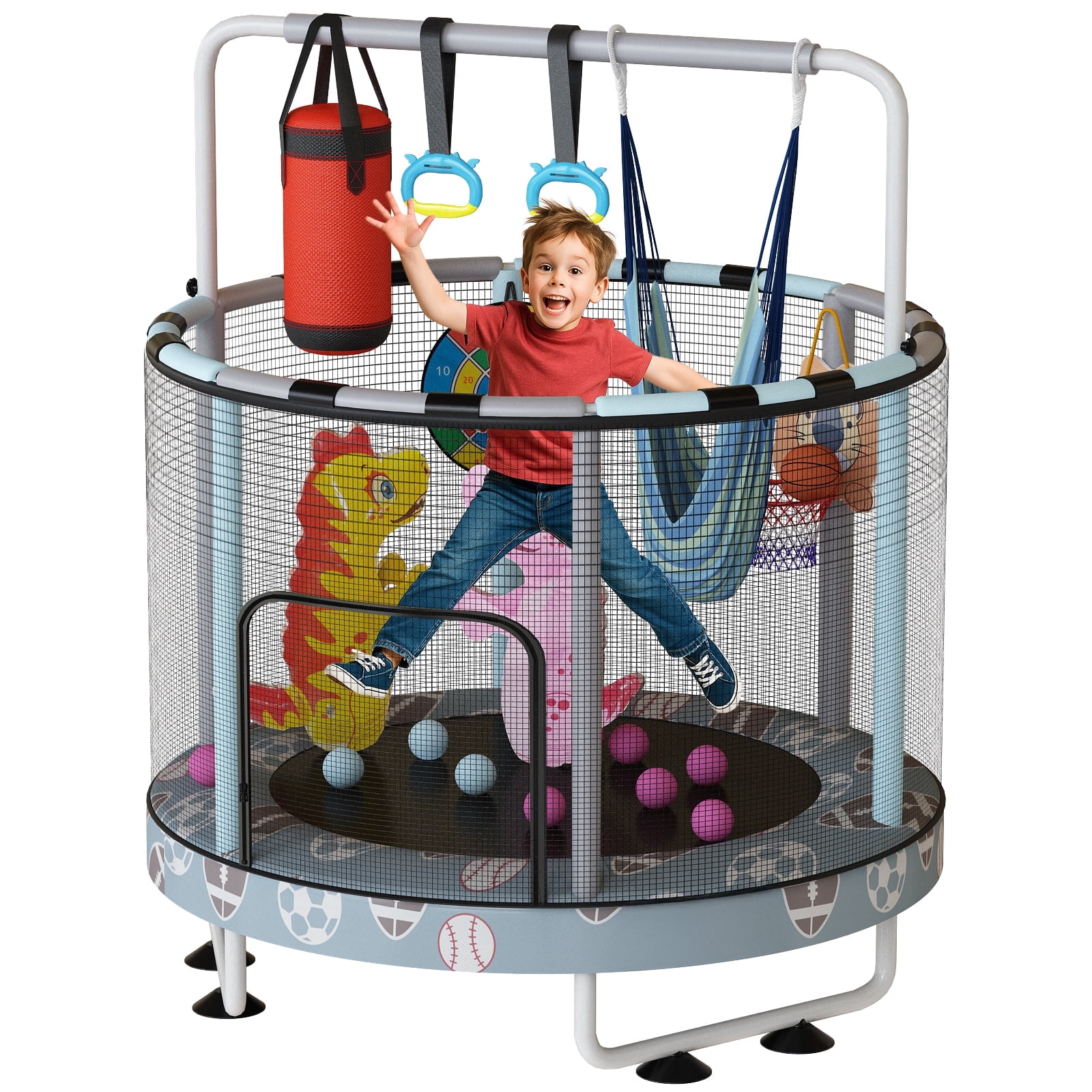 Mieres 55" 7-in-1 Upgraded Kids Trampoline with Swing & Basketball Hoop, Reinforced Safety Design with Adjustable Height & Net for Ages 3-8, 500lbs Capacity, In/Outdoor Play Center, Blue Football