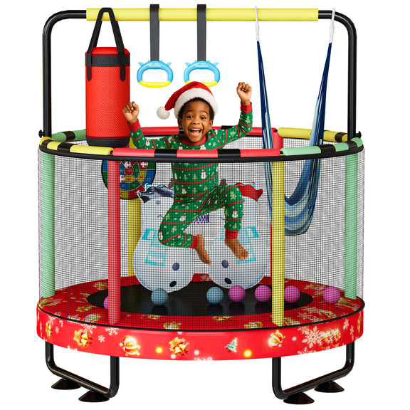 Mieres 55" 7-in-1 Upgraded Kids Trampoline with Swing & Basketball Hoop, Reinforced Safety Design with Adjustable Height & Net for Ages 3-8, 500lbs Capacity, In/Outdoor Play Center, Red Winter