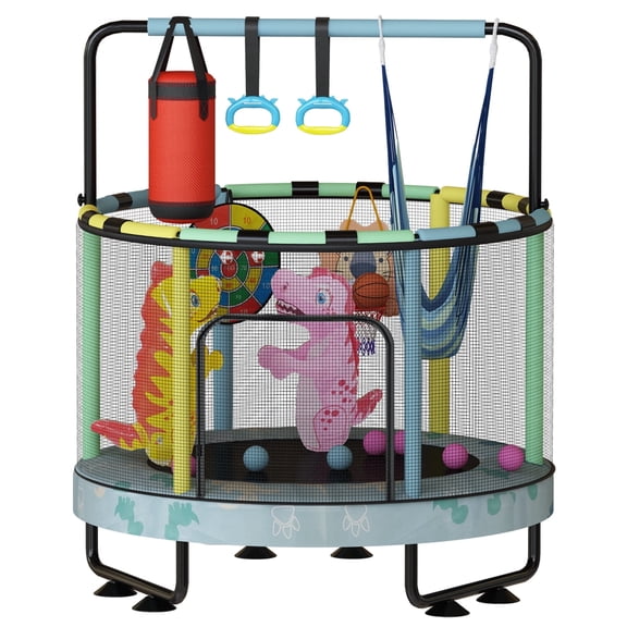Mieres 55" 7-in-1 Upgraded Kids Trampoline with Swing & Basketball Hoop, Reinforced Safety Design with Adjustable Height & Net for Ages 3-8, 500lbs Capacity, In/Outdoor Play Center, Blue Dinosaur