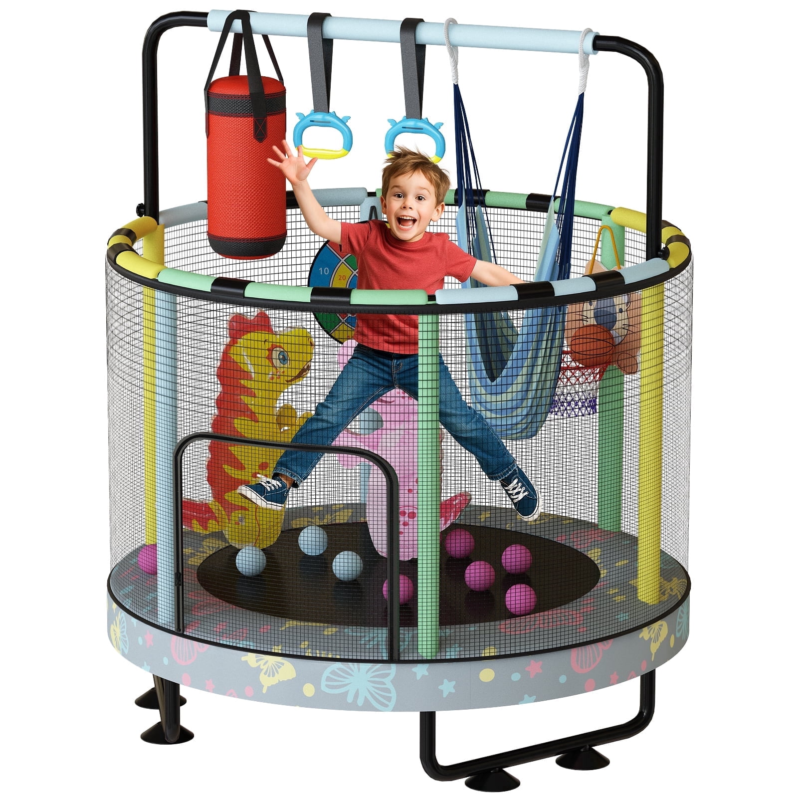 Mieres 55" 7-in-1 Upgraded Kids Trampoline with Swing & Basketball Hoop, Reinforced Safety Design with Adjustable Height & Net for Ages 3-8, 500lbs Capacity, In/Outdoor Play Center, Pink Butterfly