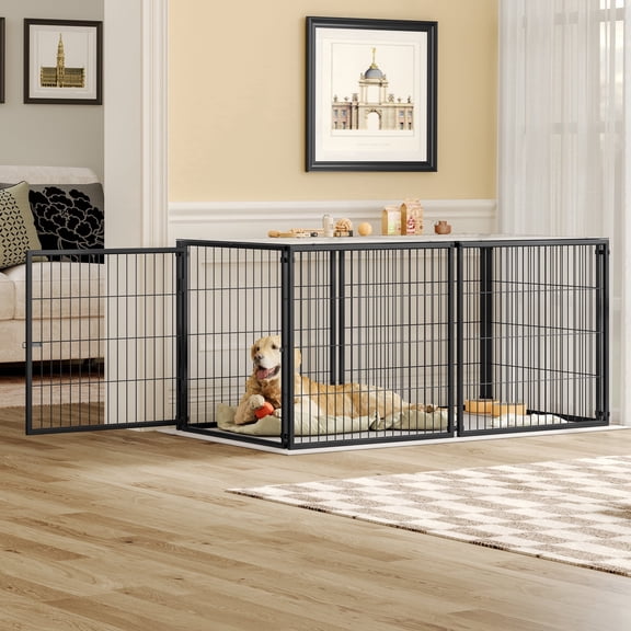 Mieres 63.7" Large Metal Dog Cage, Heavy Duty Wire Dog Kennel with Top Cover, Indoor Pet Playpen for Medium Large Dogs, Customizable Assembly with Secure Door Locks, Black