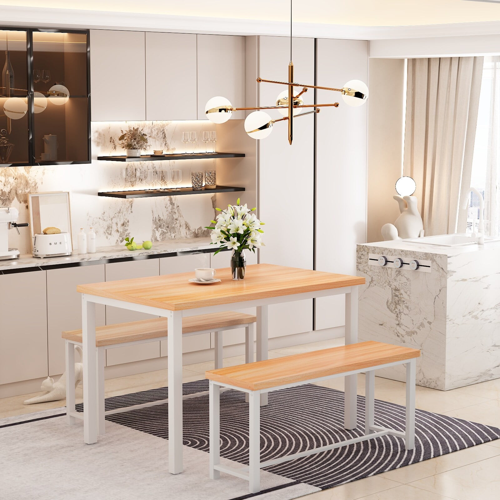 Mieres Dining Table Set with Bench, 3 Pieces Dining Furniture Set Kitchen Table Set for Kitchen