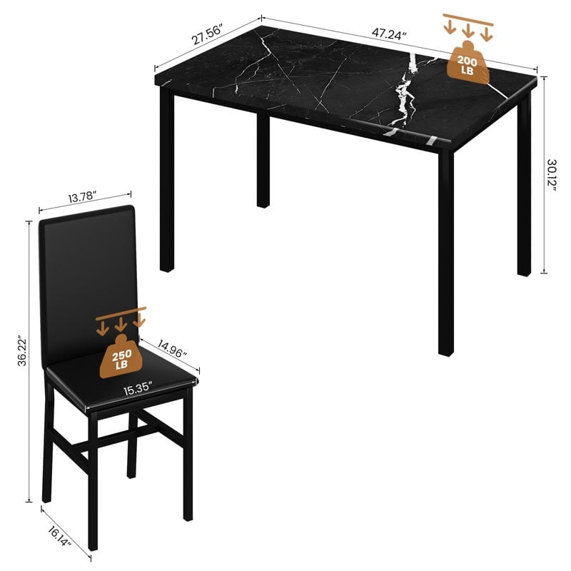 Black Faux Marble Dining Table Set with Leather Upholstered Chairs