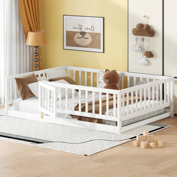 Mieres Full Size Montessori Floor Bed with Slats & Door, Wooden Bed Frame with 21.5" Fence-Style Guardrails, No Box Spring Needed, Sturdy Pine Wood Bed, White