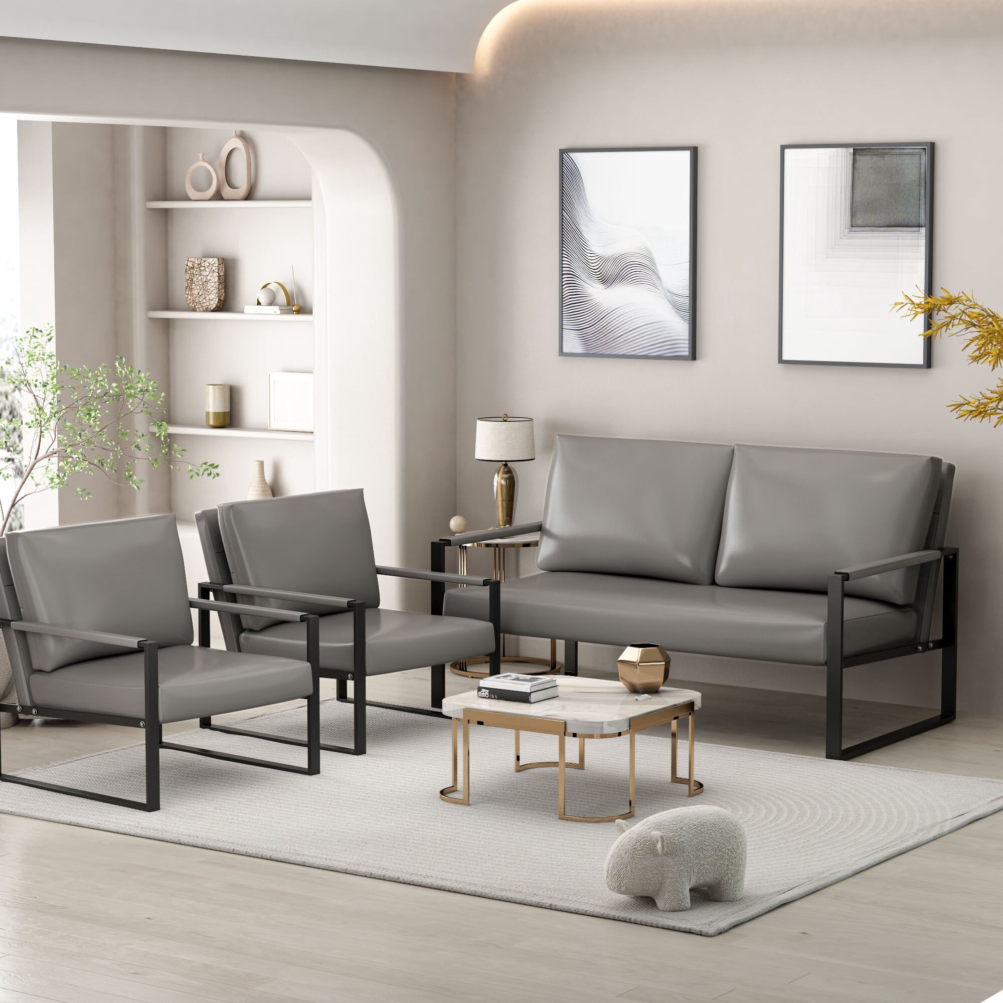 Mieres  Mid-Century Style 3-Piece PU Leather Living Room Sofa Set Including 2 Armchairs and 1 Loveseat Sofa Gray