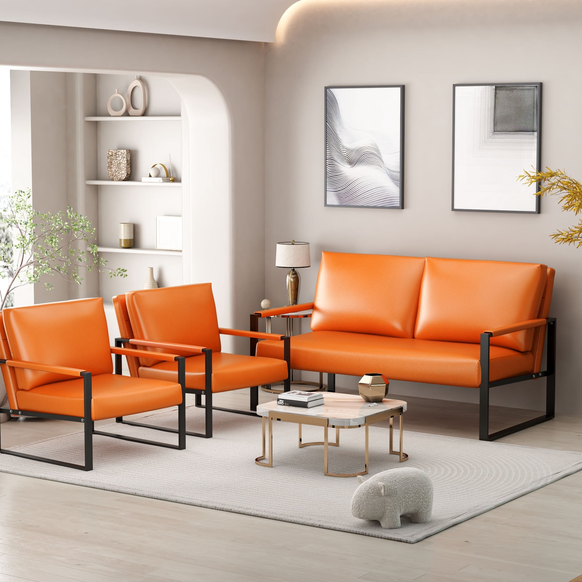 Mieres  Mid-Century Style 3-Piece PU Leather Living Room Sofa Set Including 2 Armchairs and 1 Loveseat Sofa Orange