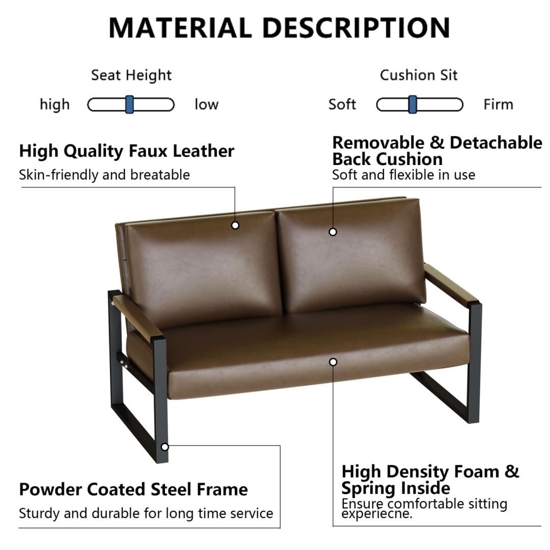Mieres Brown Faux Leather Loveseat with Steel Frame