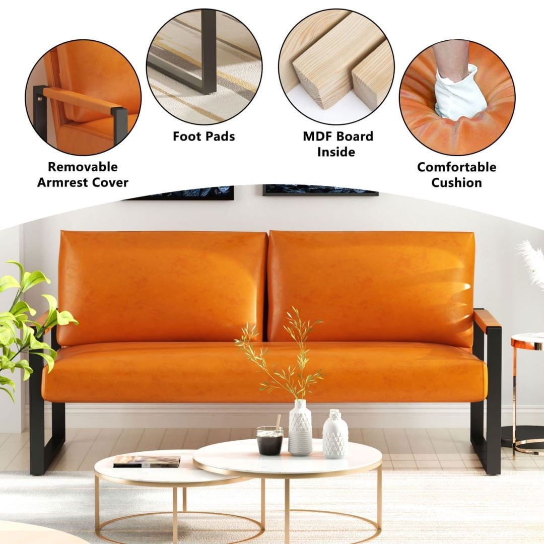 Mieres Orange Faux Leather Mid-Century Loveseat with Steel Frame