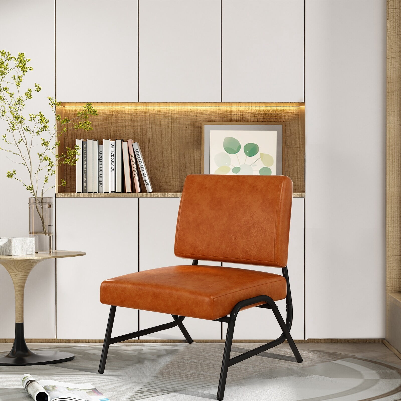 Mieres MidCentury Style Faux Leather Upholstered Armless Chair, Living